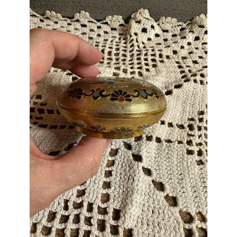 Vintage Cloisonné Trinket Box with Birds and Flowers Design